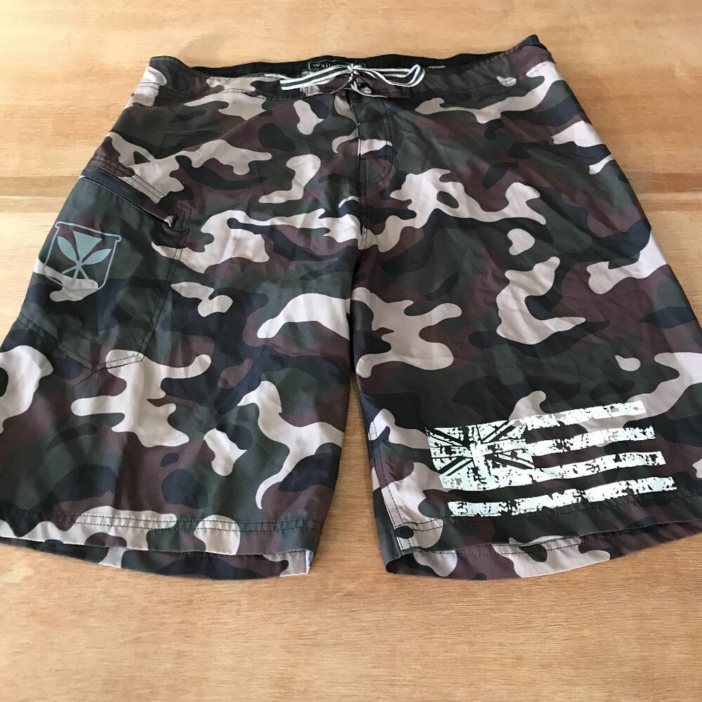 Wailoa Board Swim Shorts Men 38 Green Camouflage Pocket Tie Waist Beach 17526